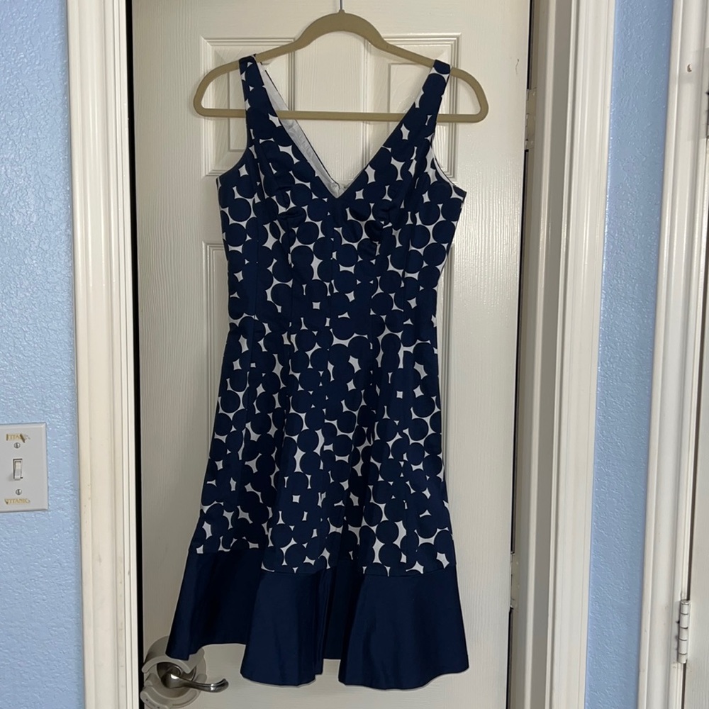 Nine West Fit and Flare Dress Women Size 2 Navy Blue Geometric Retro Polka dot